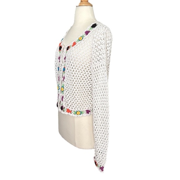 Vintage Hand Knit 3D Floral Crocheted Cardigan Cropped Bohemian Girly Size Large - Picture 6 of 16